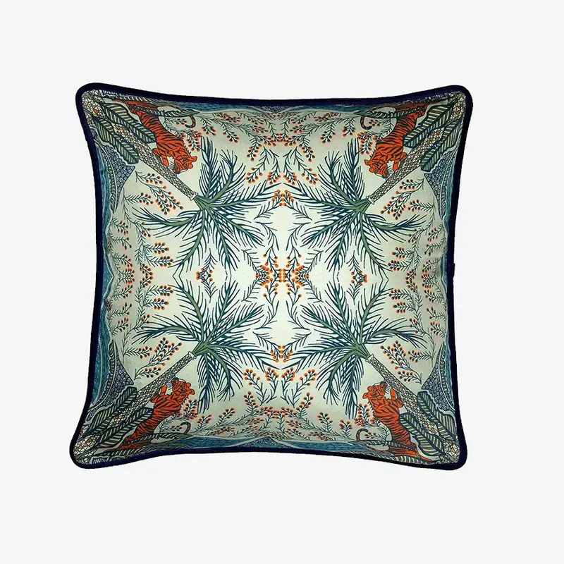 Tiger and Palm Silk Cushion