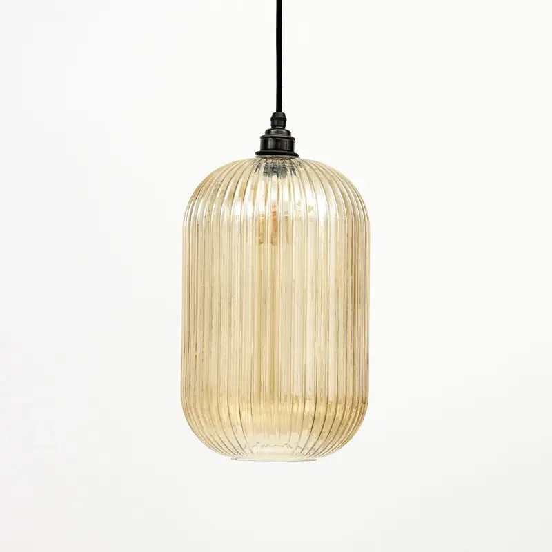 Long Amber Reeded Glass Cylinder Pendant Light